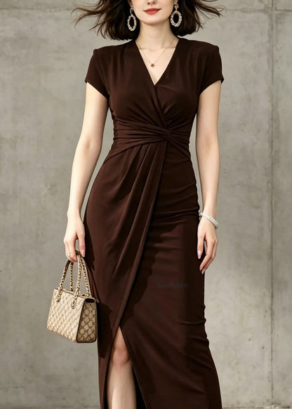 French Brown V Neck Wrinkled Side Open Cotton Long Dress Summer