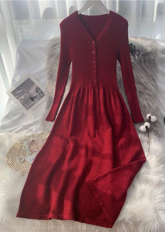 French Button Knitted Sweater Long Over-the-knee Slim Dress - SooLinen