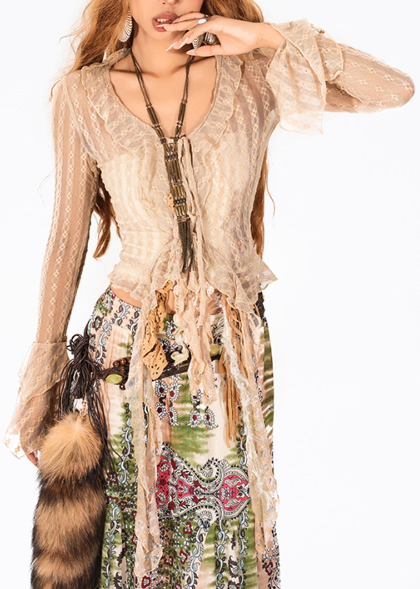 French Camel O-Neck Tie Waist Lace Top Flare Sleeve