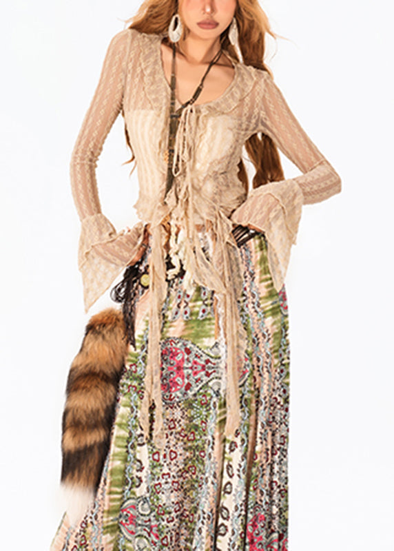 French Camel O-Neck Tie Waist Lace Top Flare Sleeve