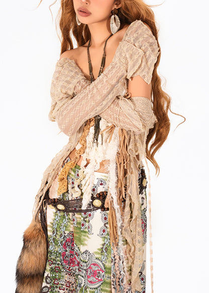 French Camel O-Neck Tie Waist Lace Top Flare Sleeve