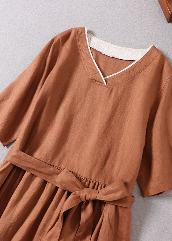 Französisches Karamell-Partykleid aus Leinen mit V-Ausschnitt und Patchwork-Muster, kurze Ärmel