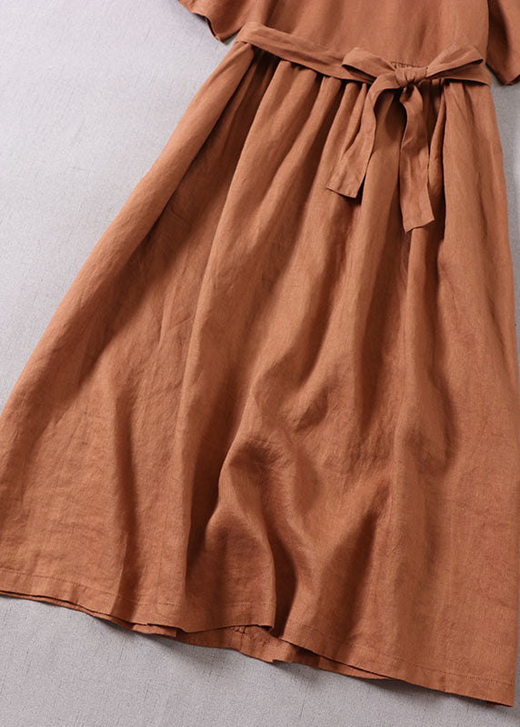 Französisches Karamell-Partykleid aus Leinen mit V-Ausschnitt und Patchwork-Muster, kurze Ärmel