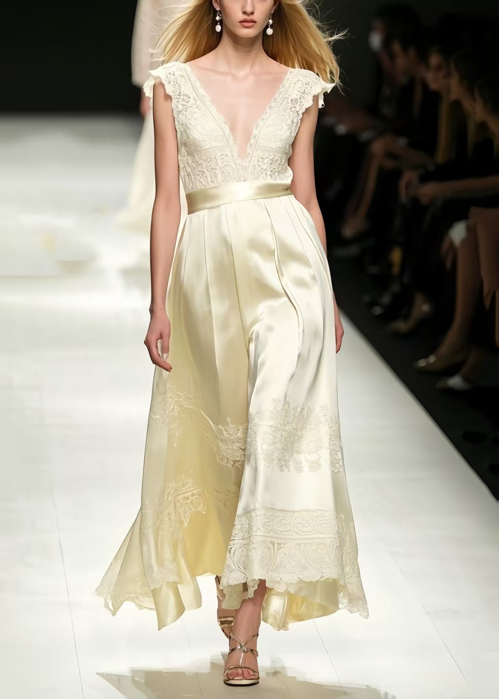 French Champagne Jacquard Fine Silk Maxi Dresses Sleeveless