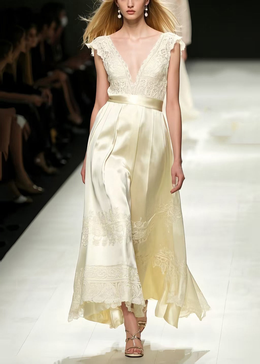 French Champagne Jacquard Fine Silk Maxi Dresses Sleeveless