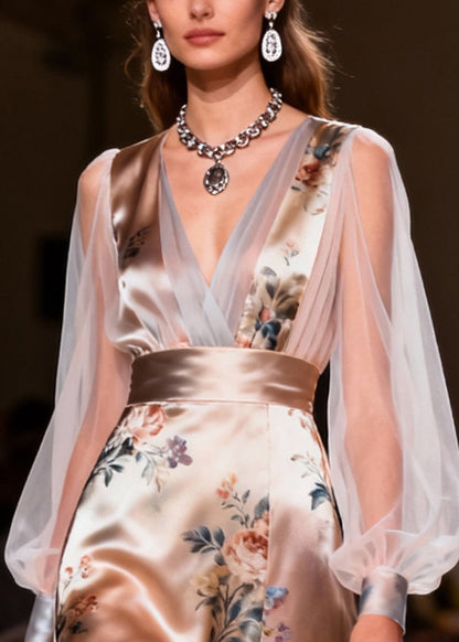 French Champagne Print Tulle Patchwork Silk Dinner Dress Summer