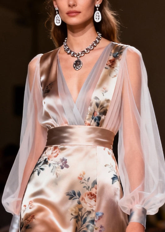 French Champagne Print Tulle Patchwork Silk Dinner Dress Summer