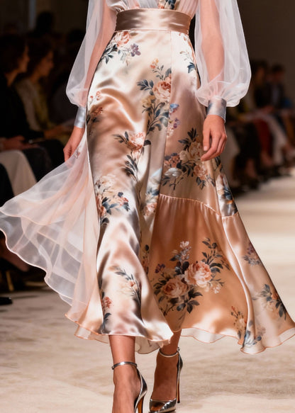 French Champagne Print Tulle Patchwork Silk Dinner Dress Summer