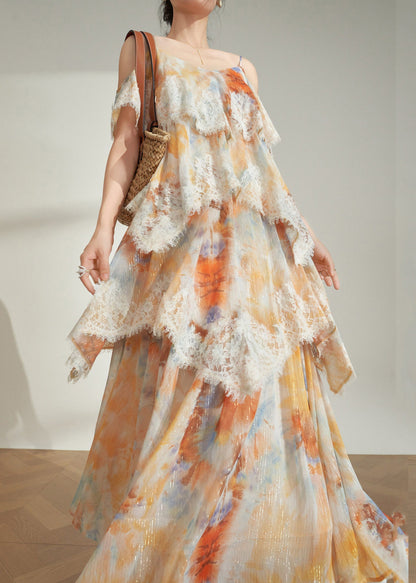 French Champagne V Neck Print Long Spaghetti Strap Dress Summer