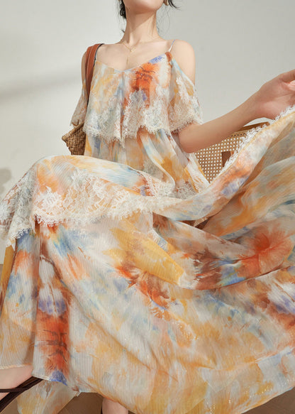 French Champagne V Neck Print Long Spaghetti Strap Dress Summer