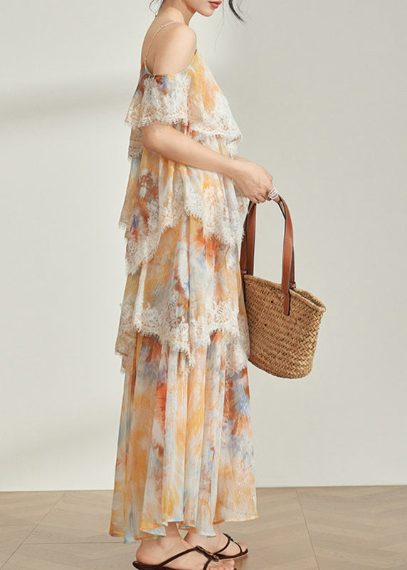 French Champagne V Neck Print Long Spaghetti Strap Dress Summer