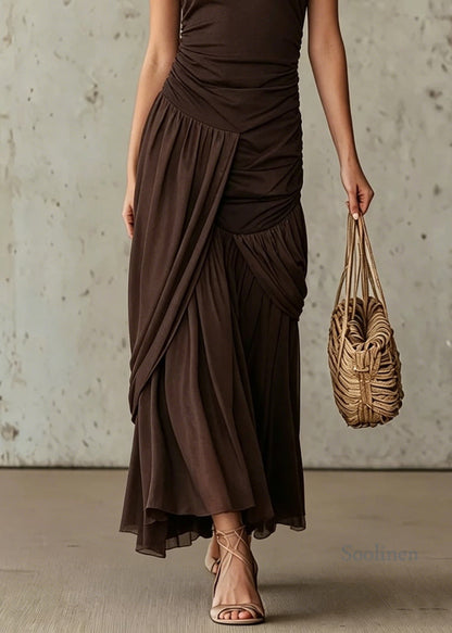 French Chocolate Asymmetrical Design Patchwork Tulle Dresses Summer