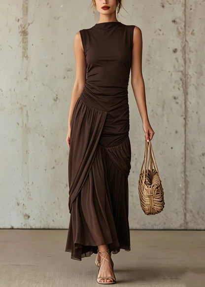 French Chocolate Asymmetrical Design Patchwork Tulle Dresses Summer