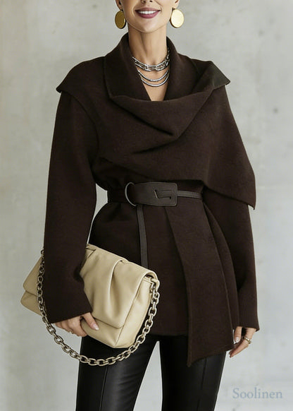 French Chocolate Asymmetrical Tie Waist Woolen Cardigan Spring