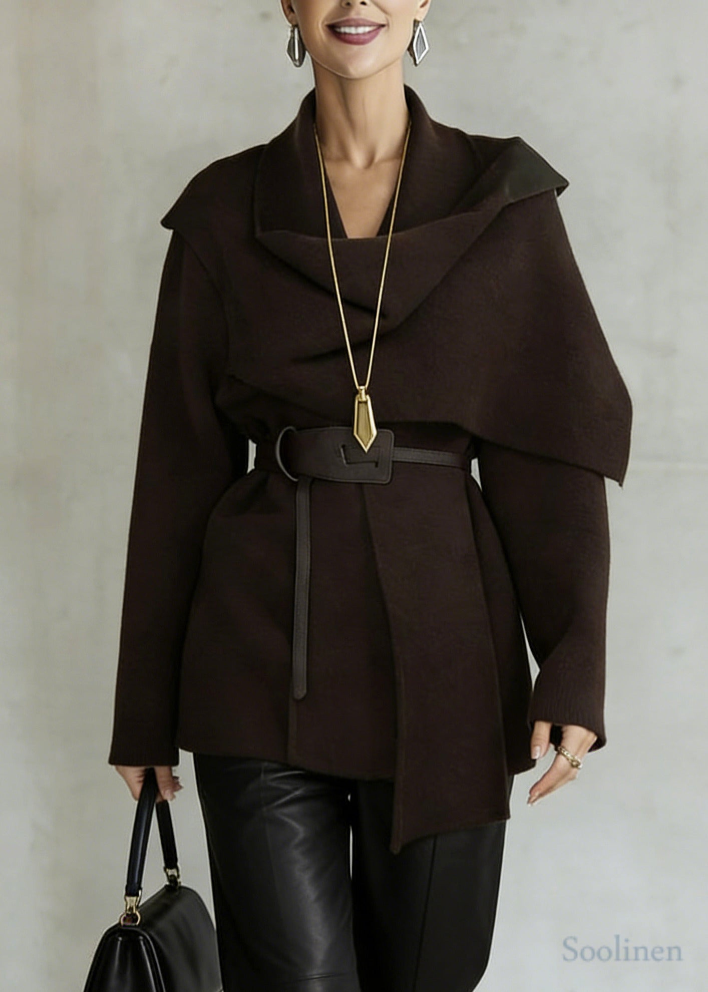 French Chocolate Asymmetrical Tie Waist Woolen Cardigan Spring