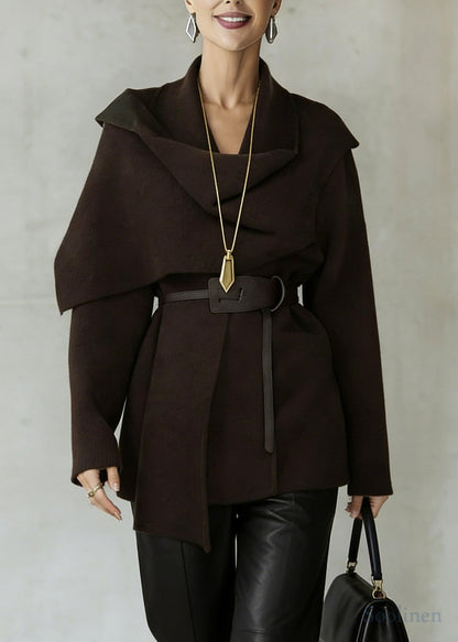 French Chocolate Asymmetrical Tie Waist Woolen Cardigan Spring