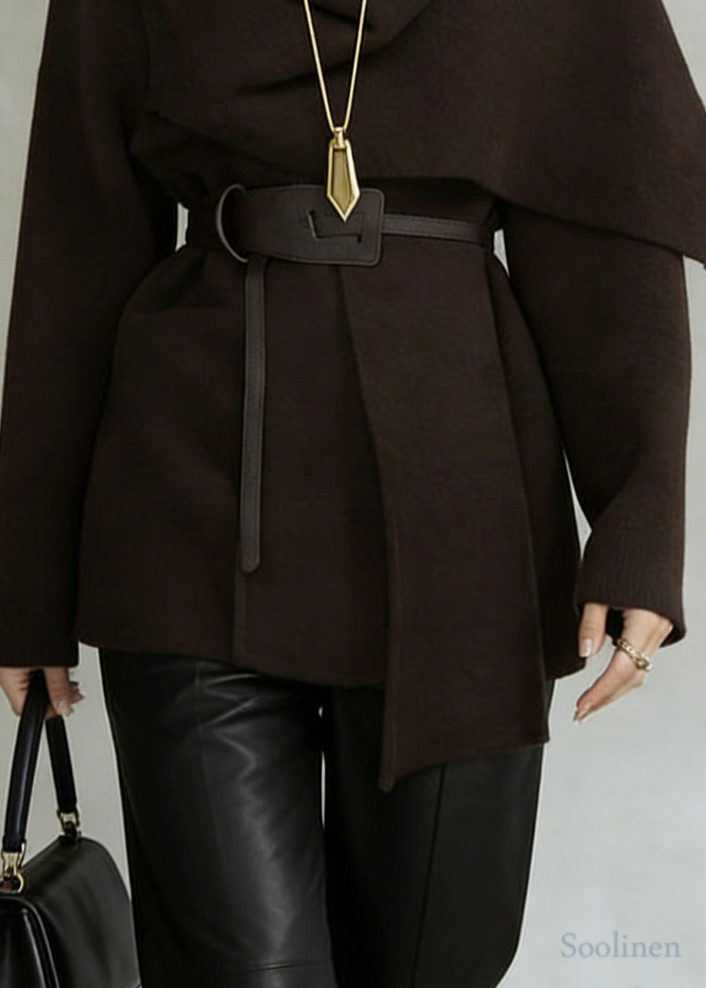 French Chocolate Asymmetrical Tie Waist Woolen Cardigan Spring