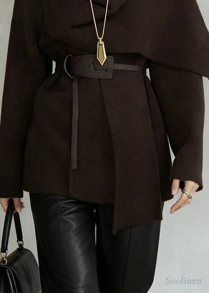 French Chocolate Asymmetrical Tie Waist Woolen Cardigan Spring