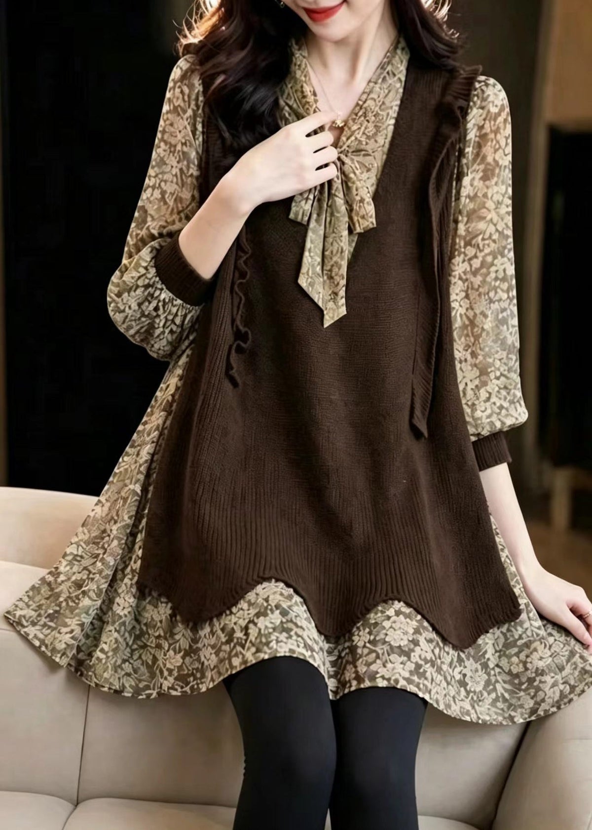 French Chocolate Lace Up Bow Print Patchwork Chiffon Blouses Fall