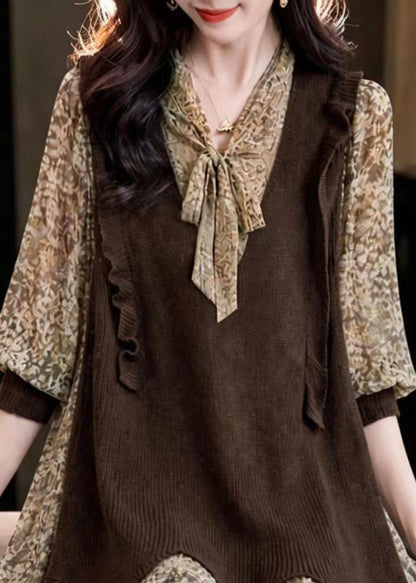 French Chocolate Lace Up Bow Print Patchwork Chiffon Blouses Fall