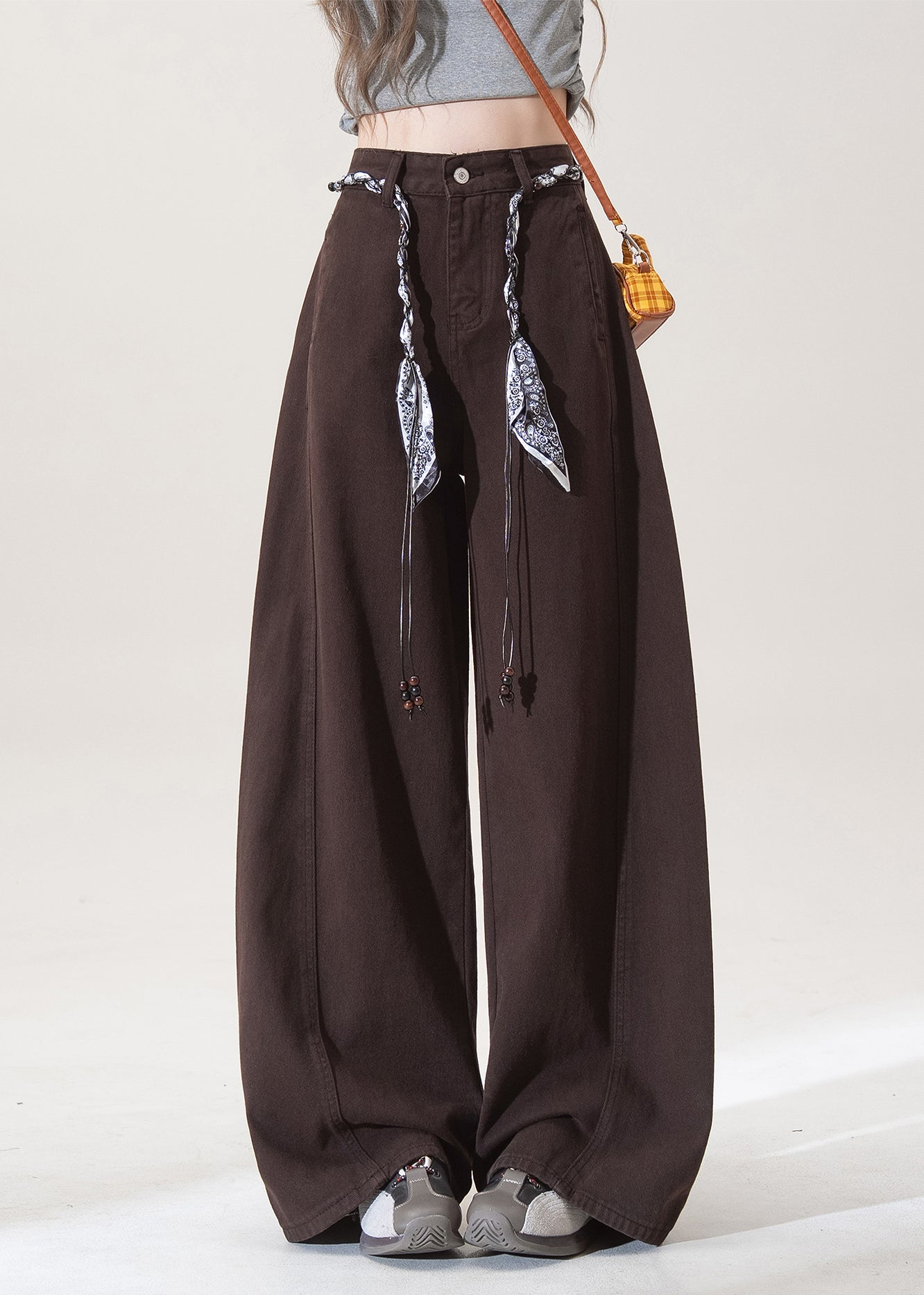 Französische Schokoladenbraune Taschen, High Waist Denim Straight Pants, Frühling