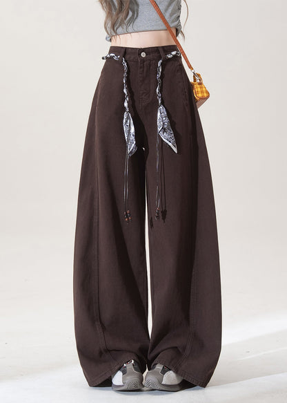 Französische Schokoladenbraune Taschen, High Waist Denim Straight Pants, Frühling