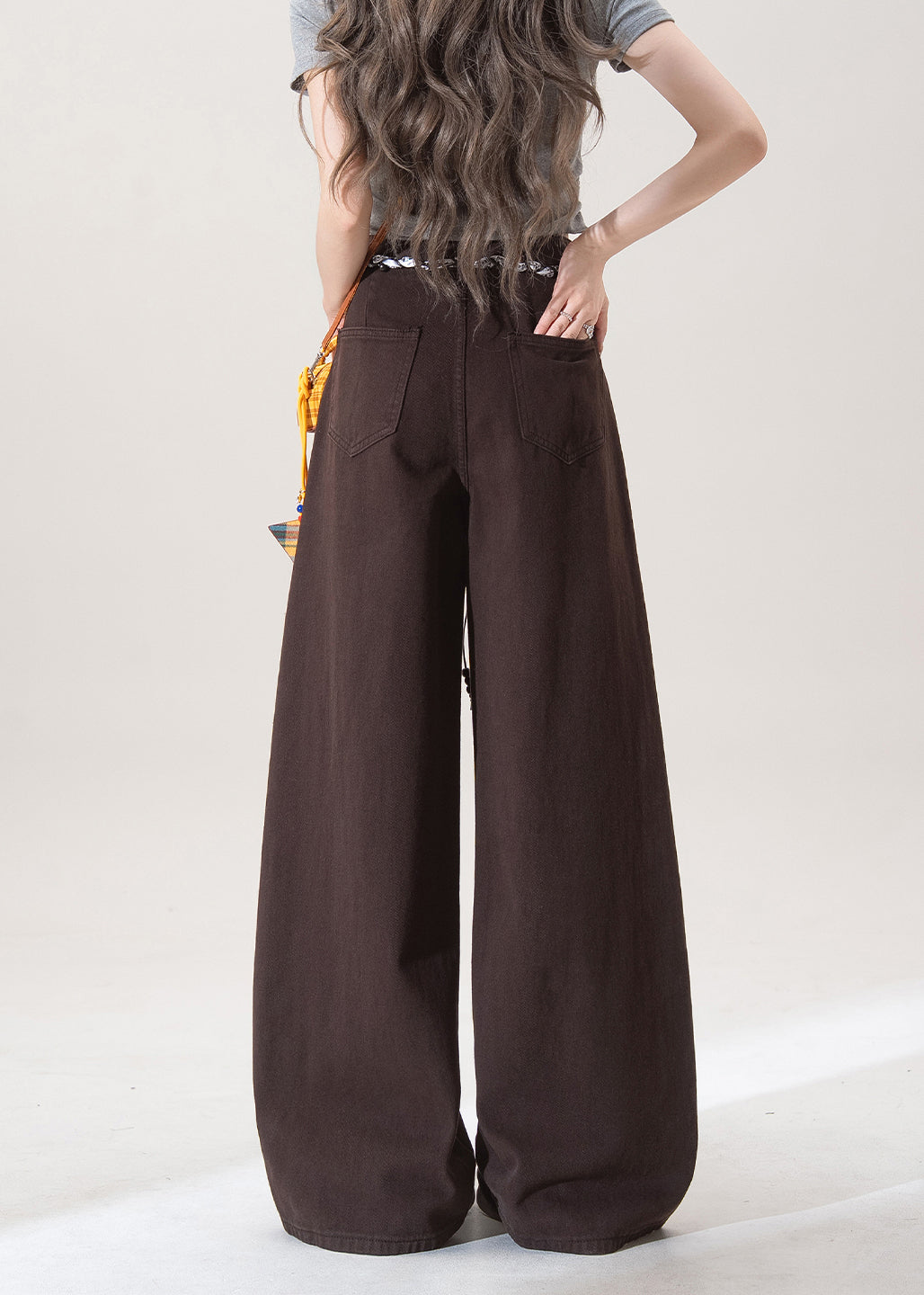Französische Schokoladenbraune Taschen, High Waist Denim Straight Pants, Frühling