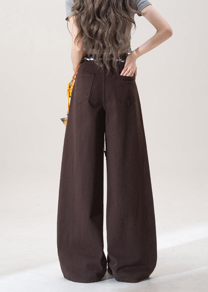 Französische Schokoladenbraune Taschen, High Waist Denim Straight Pants, Frühling