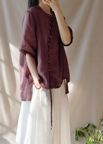 French Chocolate Shirts Women Stand Collar Asymmetric baggy Blouse - SooLinen