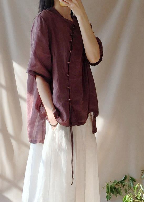 French Chocolate Shirts Women Stand Collar Asymmetric baggy Blouse - SooLinen