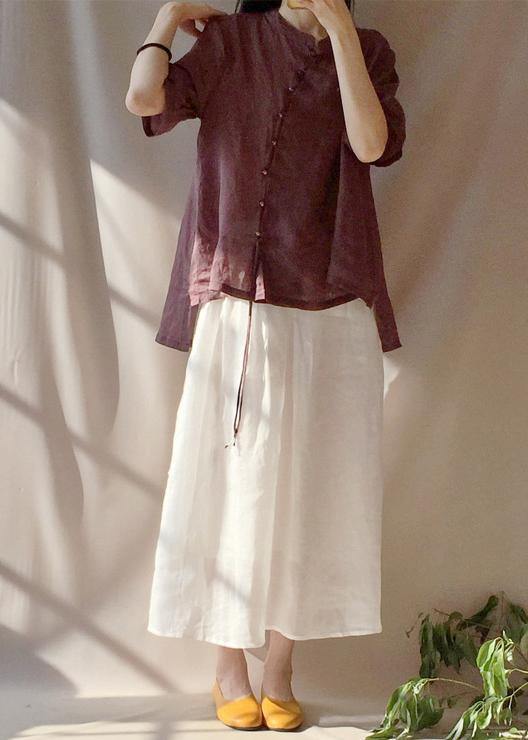 French Chocolate Shirts Women Stand Collar Asymmetric baggy Blouse - SooLinen