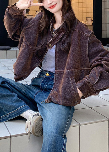 Abrigo vaquero extragrande con cuello alto y color chocolate francés para primavera