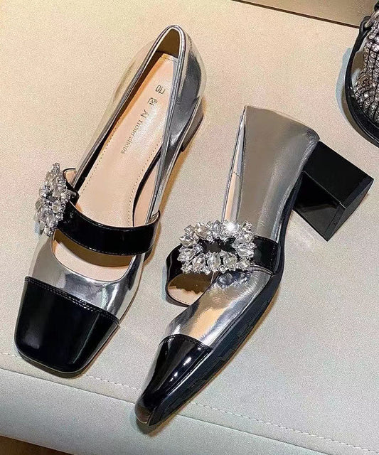 Französische Loafer-Schuhe mit klobigem Absatz und silbernem Zirkonia-Spleißen