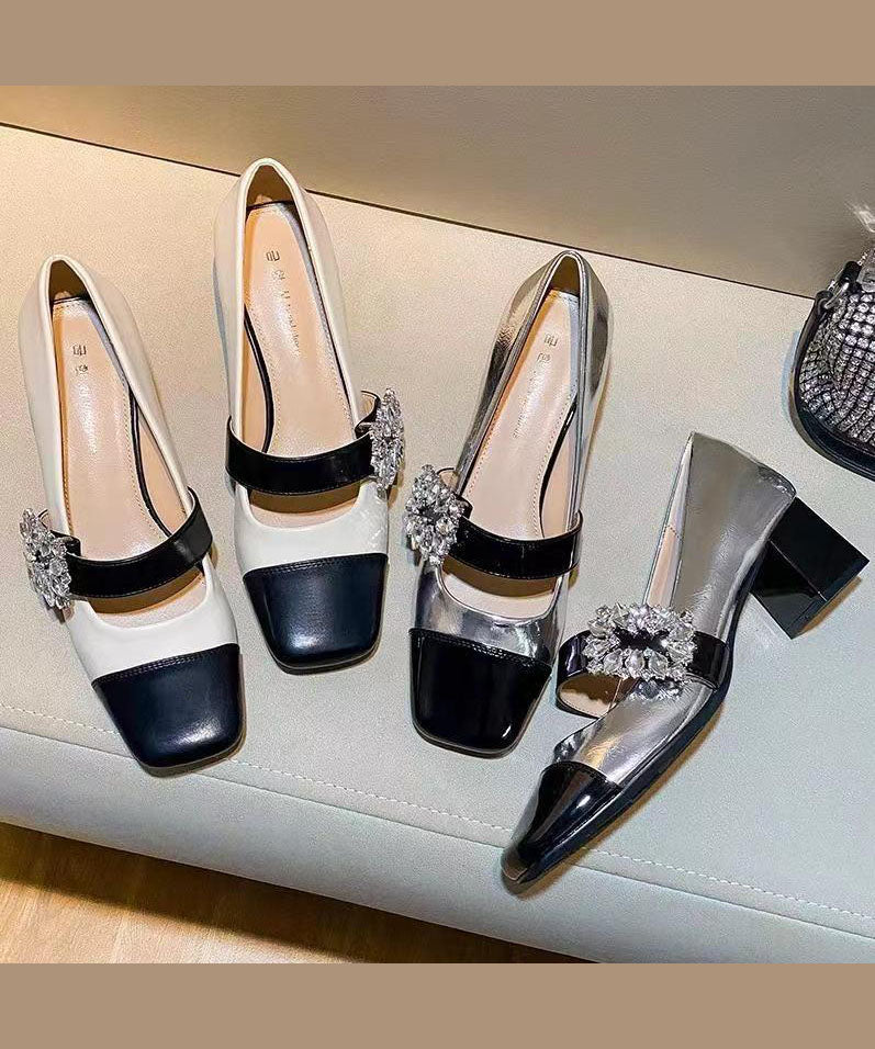 Französische Loafer-Schuhe mit klobigem Absatz und silbernem Zirkonia-Spleißen