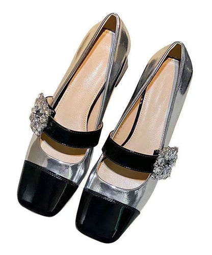 Französische Loafer-Schuhe mit klobigem Absatz und silbernem Zirkonia-Spleißen