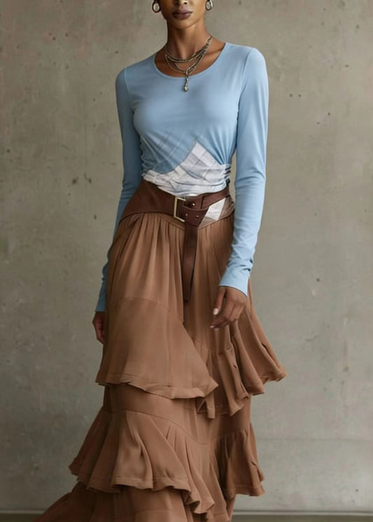 French Coffee Asymmetrical Ruffled Patchwork Chiffon Skirt Spring