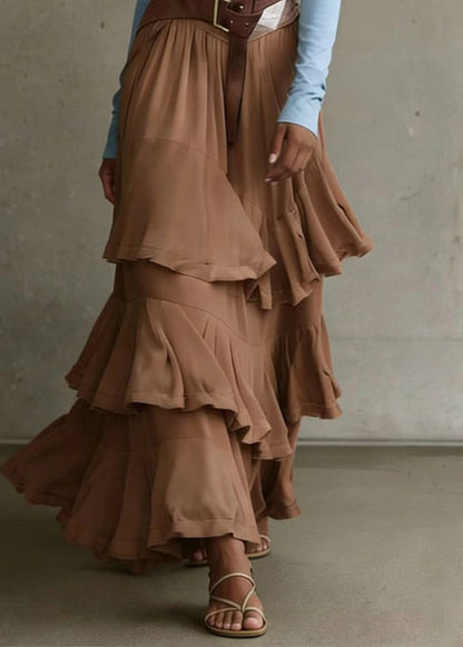 French Coffee Asymmetrical Ruffled Patchwork Chiffon Skirt Spring