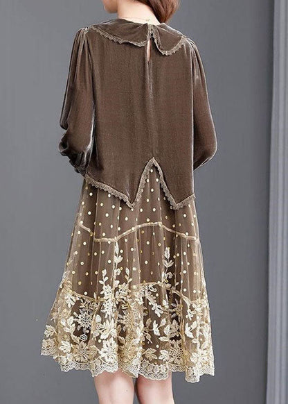 Französisch Schokolade bestickt Patchwork Velour lange Kleider Winter