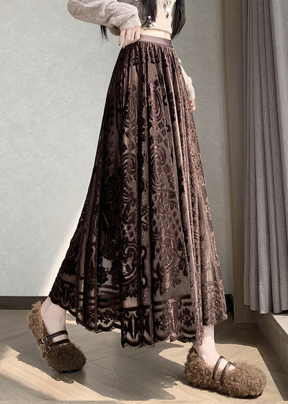 French Coffee Lace Elastic Waist Silk Velvet Skirts Winter