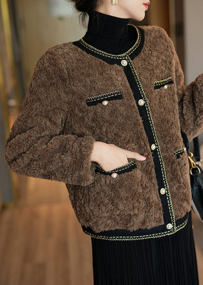 Französisch Schokolade O-Ausschnitt Patchwork Button Kunstpelz Mäntel Winter