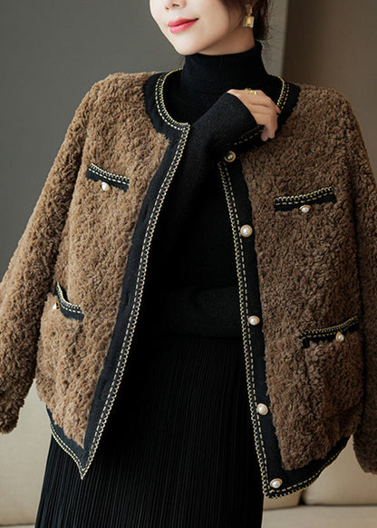 Französisch Schokolade O-Ausschnitt Patchwork Button Kunstpelz Mäntel Winter