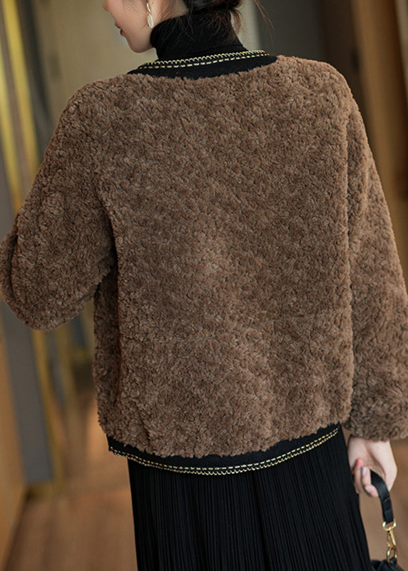 Französisch Schokolade O-Ausschnitt Patchwork Button Kunstpelz Mäntel Winter