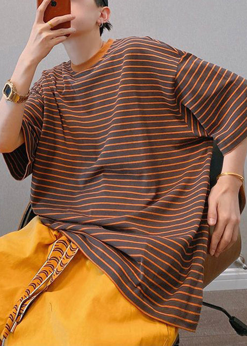French Coffee O Neck Striped Cotton Men T Shirts Half Sleeve