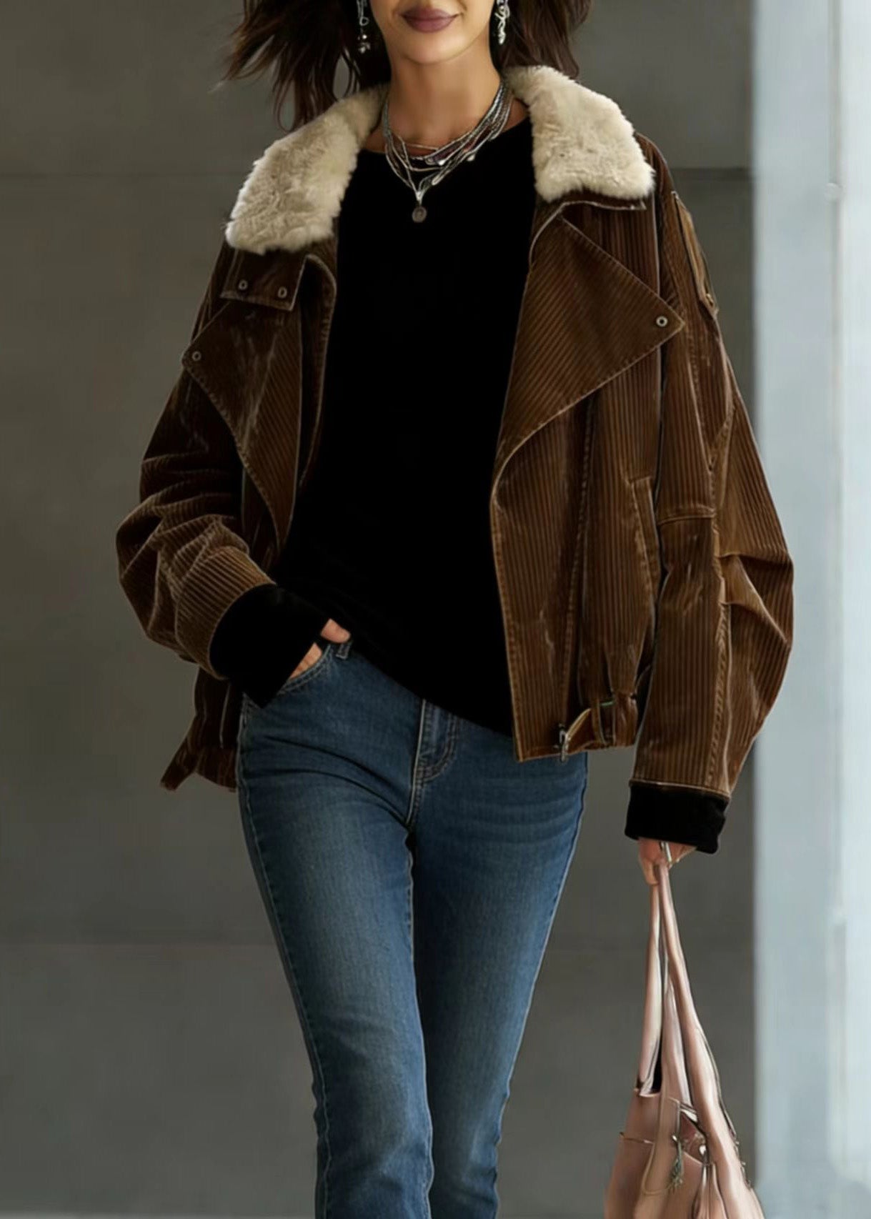 French Coffee Peter Pan Collar Fur Fine Cotton Filled Jackets Winter