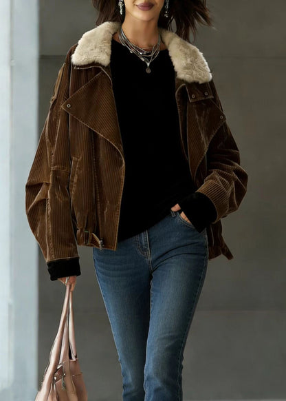 French Coffee Peter Pan Collar Fur Fine Cotton Filled Jackets Winter