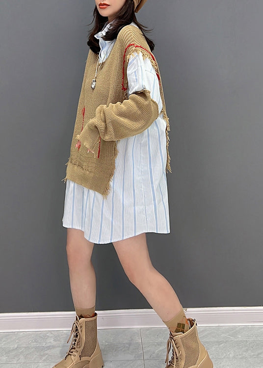 Französisch Schokolade Peter Pan Kragen Gestreiften Patchwork Gefälschte Zwei Stücke