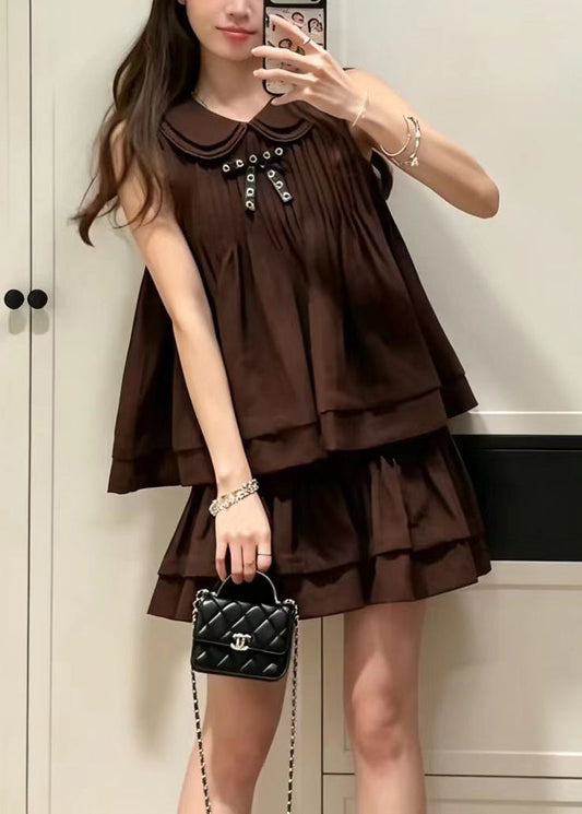 French Coffee Peter Pan Collar Wrinkled Women Sets 2 Pieces Sleeveless