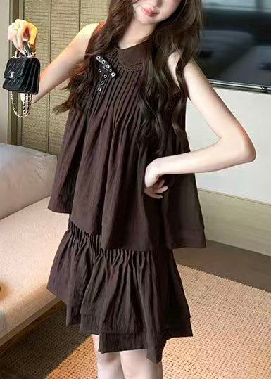 French Coffee Peter Pan Collar Wrinkled Women Sets 2 Pieces Sleeveless