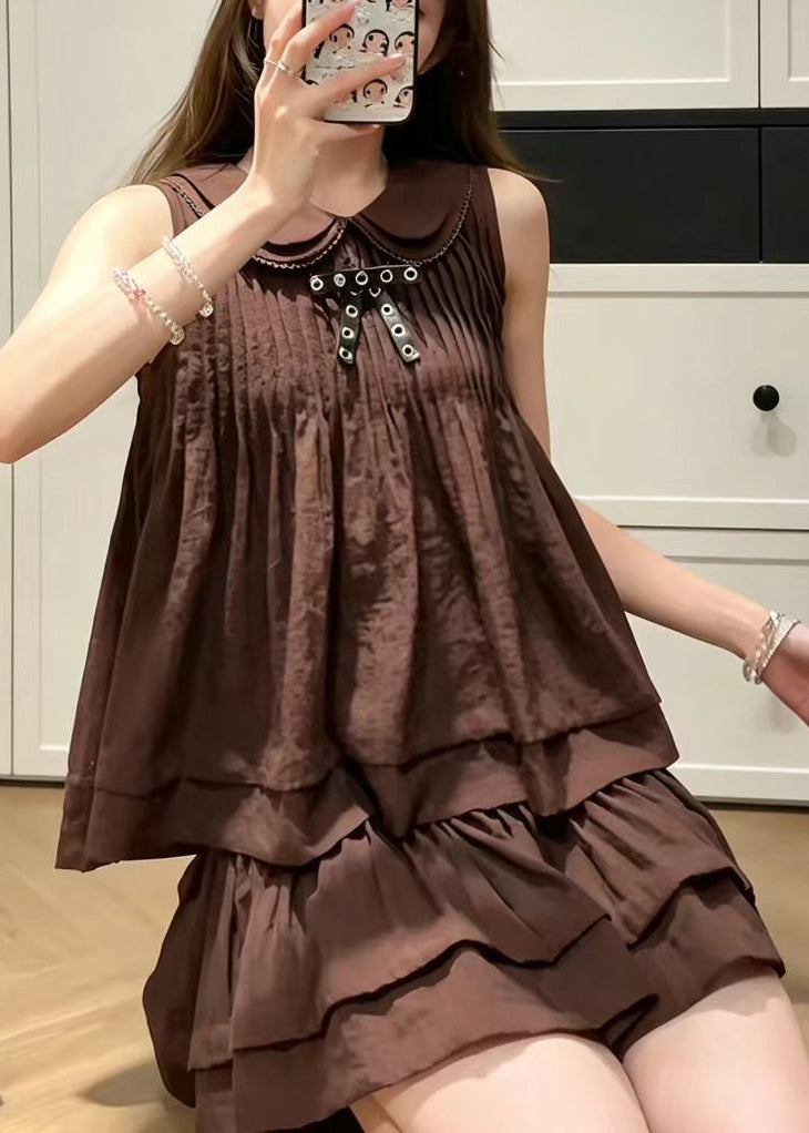 French Coffee Peter Pan Collar Wrinkled Women Sets 2 Pieces Sleeveless