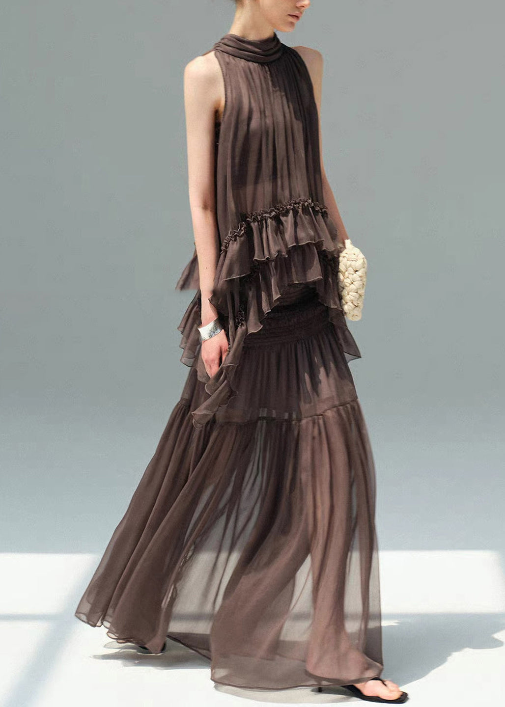 French Coffee Ruffles Wrinkled Sheer Chiffon Women Sets 2 Pieces Summer